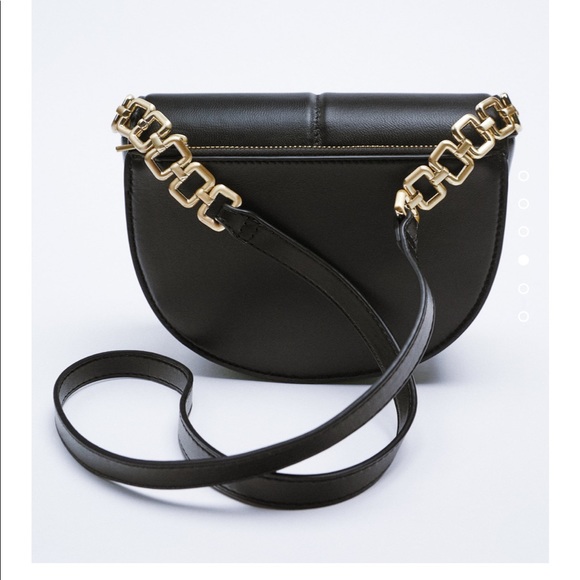 Zara 100% Leather Crossbody/Shoulder Bag W Gold Chain Hardware Black - Picture 10 of 16